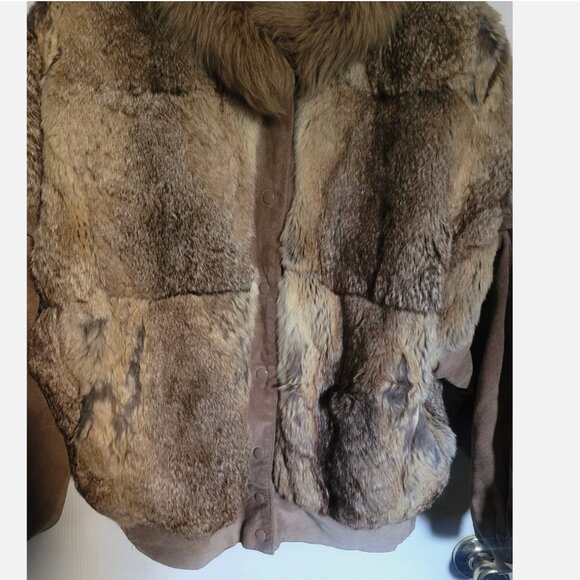 VTG Rabbit Fur Suede Bomber Jacket Convertible Vest Removable Sleeves Women M - Picture 4 of 16
